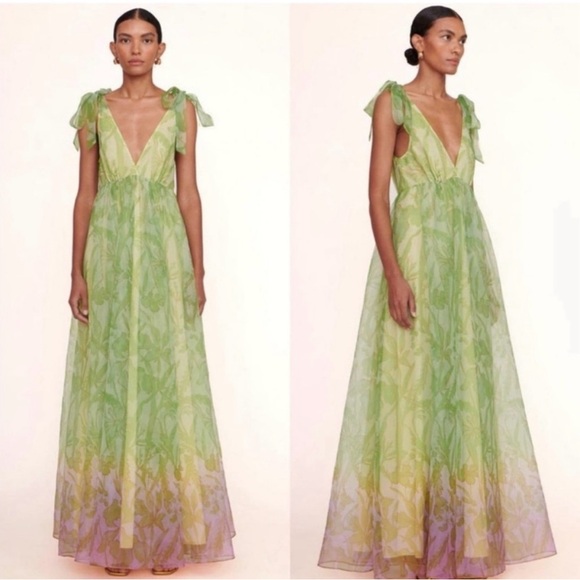 STAUD Dandelion Ombré Green Maxi Dress with Plunge Neckline and Flutter Sleeves - Picture 1 of 5